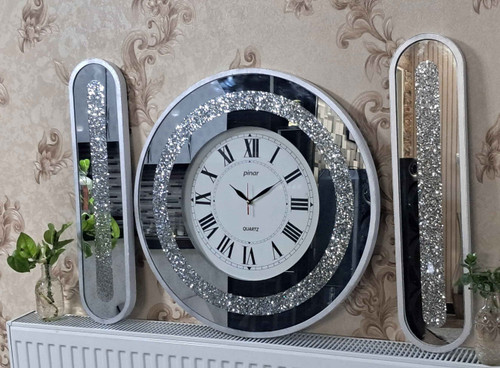 ساعت دیواری آینه ای نگین دار گرد سه تیکه مدل لوکس بسیار زیبا و جذاب در سه  رنگ مختلف نقره ای و برنز و طلایی قطر 60 سانت