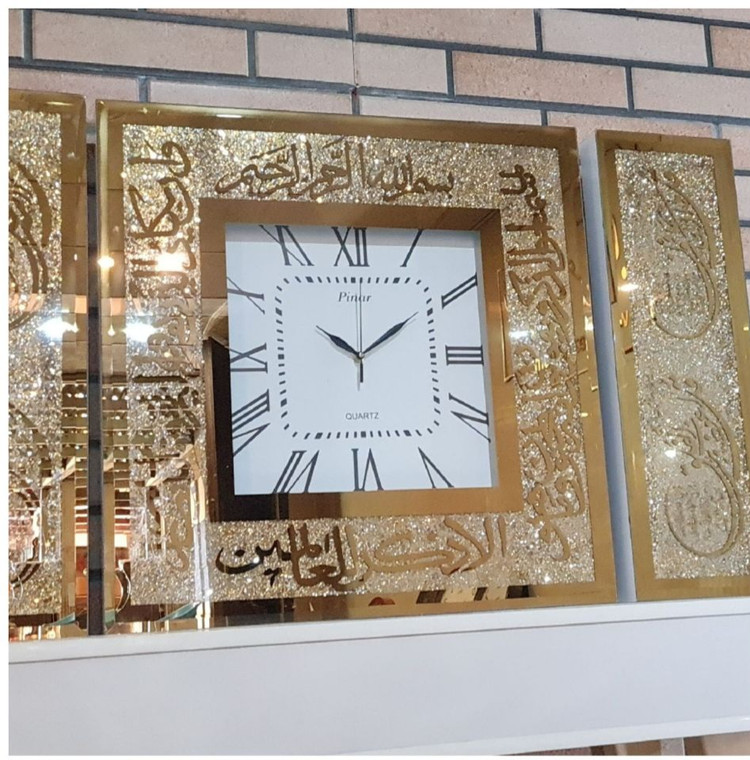 ساعت دیواری سه تیکه آینه ای نگین دار مربع مدل لوکس آیه قرآن مختلف